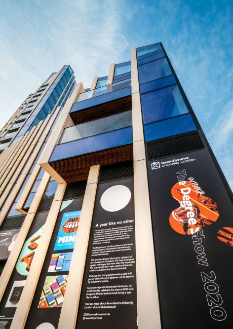 Students' work is displayed on the Ravensbourne building